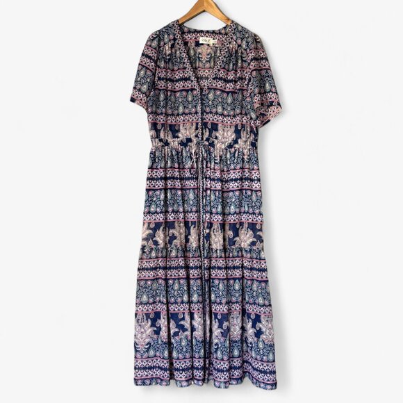 Eliza J Boho Maxi Cover-Up Dress with Paisley Print Size 14 Sheer Casual Beach - Picture 3 of 16